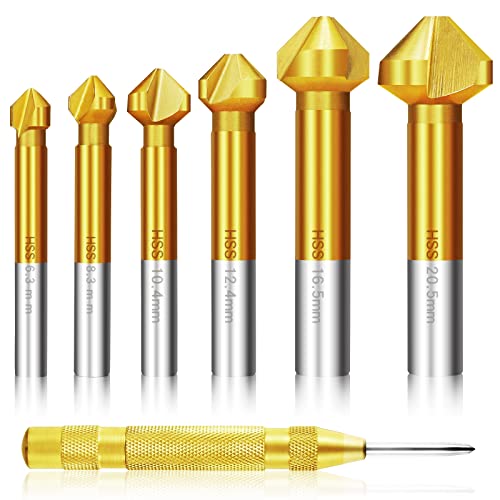 6 tlg. 90° Kegelsenker Satz HSS Senker Set, Titan-Beschichtungen Ø 6,3-20,5 mm Senkbohrer mit 1Messing Automatische Center Bohrer Punch für Kohlenstoffstahl Senkbohrer, Dämmplatte, PVC, Metall & Holz von JTOOYS