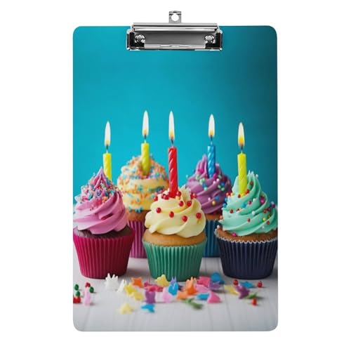 Acryl-Klemmbrett 32,5 x 21,6 cm, buntes Happy Birthday Cupcakes, bedrucktes A4-Klemmbrett in Briefgröße, Kunststoff-Klemmbrett mit niedrigem Profil-Clip für Krankenschwester, Lehrer, Büro und von JTREHY