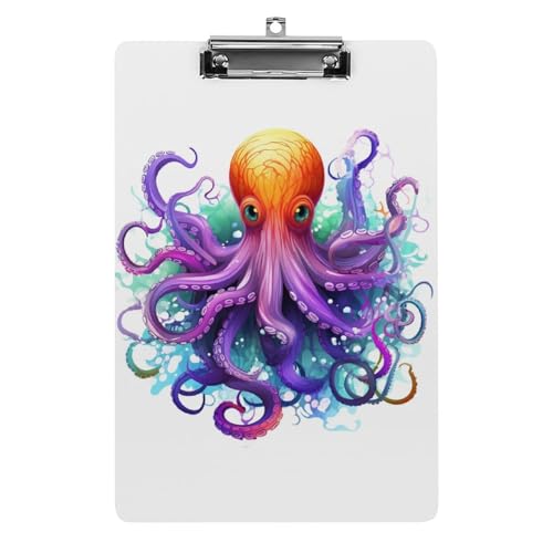 Acryl-Klemmbrett 32,5 x 21,6 cm, buntes Oktopus-Klemmbrett, A4-Klemmbrett, Kunststoff-Klemmbrett mit niedrigem Profil-Clip für Krankenschwester, Lehrer, Büro und Schulbedarf von JTREHY