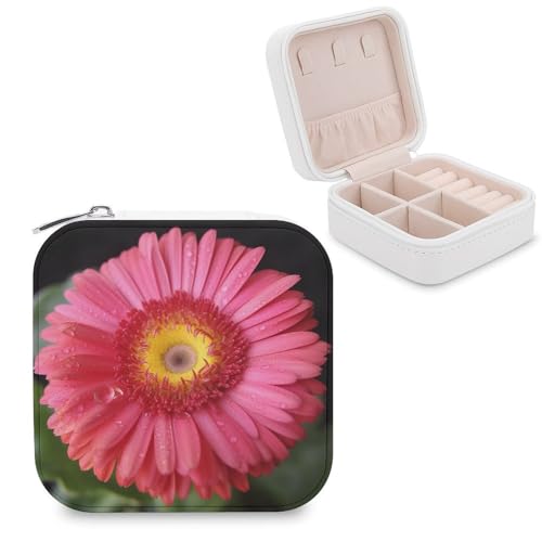 JTREHY Reise-Organizer-Boxen aus PU-Leder, Blumen-Gerbera, bedruckt, klein, tragbar, für Organizer, Ringe, Anhänger, Ohrringe, Halsketten, Armbänder von JTREHY