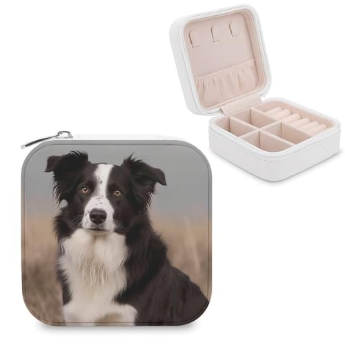 JTREHY Reise-Organizer-Boxen aus PU-Leder, Border Collie, bedruckt, klein, tragbar, für Organizer, Ringe, Anhänger, Ohrringe, Halsketten, Armbänder von JTREHY