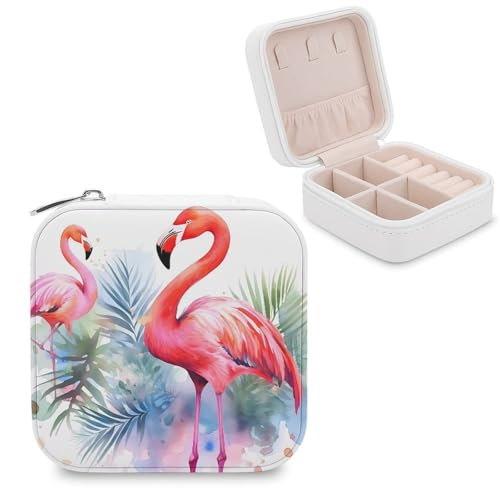 JTREHY Reise-Organizer-Boxen aus PU-Leder, Flamingo-Aquarell-Druck, klein, tragbar, für Organizer, Ringe, Anhänger, Ohrringe, Halsketten, Armbänder von JTREHY