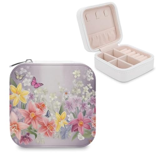 JTREHY Reise-Organizer-Boxen aus PU-Leder, Frühlingsblumen, bedruckt, klein, tragbar, für Organizer, Ringe, Anhänger, Ohrringe, Halsketten, Armbänder von JTREHY