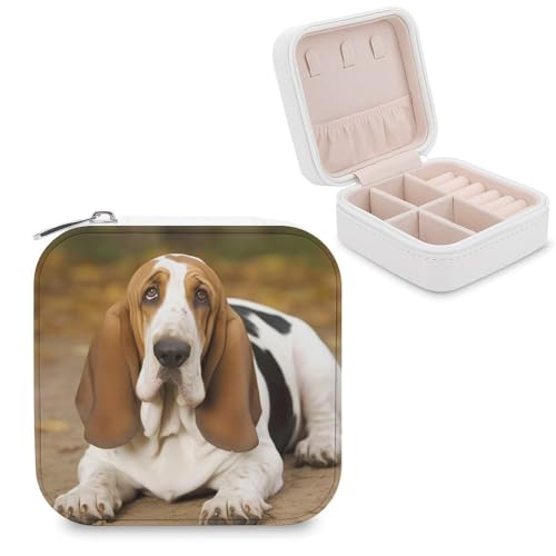 JTREHY Reise-Organizer-Boxen aus PU-Leder, Motiv: Basset Hound, klein, tragbar, für Organizer, Ring, Anhänger, Ohrringe, Halskette, Armband von JTREHY