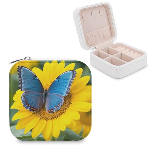 JTREHY Reise-Organizer-Boxen aus PU-Leder, Sonnenblumen-blauer Schmetterling, bedruckt, klein, tragbar, Schmuckkästchen für Organizer, Ringe, Anhänger, Ohrringe, Halsketten, Armbänder von JTREHY