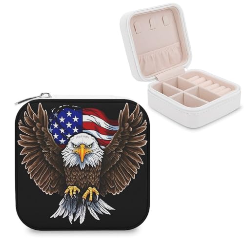 JTREHY Reise-Organizer-Boxen aus PU-Leder, USA-Flagge, Patriotischer Adler, bedruckt, klein, tragbar, Schmuckkästchen für Organizer, Ringe, Anhänger, Ohrringe, Halsketten, Armbänder von JTREHY