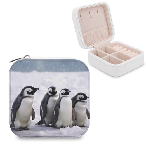 JTREHY Reise-Organizer-Boxen aus PU-Leder, junge Pinguine mit Schnee, klein, tragbar, für Organizer, Ringe, Anhänger, Ohrringe, Halsketten, Armbänder von JTREHY