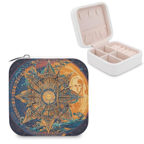 JTREHY Reise-Organizer-Boxen aus PU-Leder, mystische Tarotkarte, Sonne und Mond, bedruckt, klein, tragbar, Schmuckschatulle für Organizer, Ringe, Anhänger, Ohrringe, Halsketten, Armbänder von JTREHY