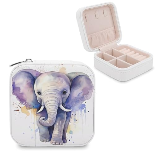 JTREHY Reise-Organizer-Boxen aus PU-Leder, niedlicher Elefant, Aquarell, bedruckt, klein, tragbar, für Organizer, Ringe, Anhänger, Ohrringe, Halsketten, Armbänder von JTREHY