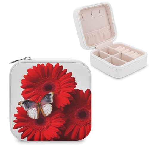 JTREHY Reise-Organizer-Boxen aus PU-Leder, rote Blume und Schmetterling, bedruckt, klein, tragbar, für Organizer, Ringe, Anhänger, Ohrringe, Halsketten, Armbänder von JTREHY