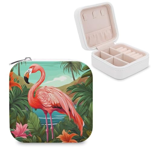 JTREHY Reise-Organizer-Boxen aus PU-Leder, tropischer Flamingo, klein, tragbar, für Organizer, Ringe, Anhänger, Ohrringe, Halsketten, Armbänder von JTREHY