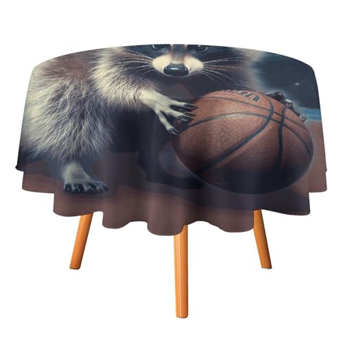 JTREHY Runde Tischdecke, 152,4 cm, lustiger Waschbär-Basketball, bedruckt, Polyester, waschbar, Tischdecken für den Außenbereich, für Esszimmer, Küche, Hochzeit, Partys usw von JTREHY