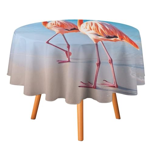 JTREHY Runde Tischdecke, 152,4 cm, rosa Flamingo am Strand, bedruckt, Polyester, waschbar, Tischdecken für den Außenbereich, für Esszimmer, Küche, Hochzeit, Partys usw von JTREHY