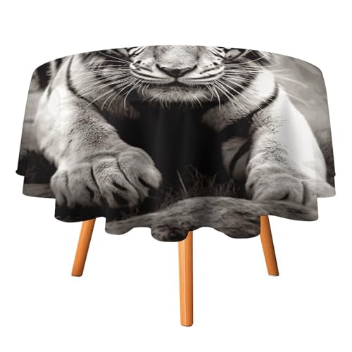 JTREHY Runde Tischdecke, 152,4 cm, schwarzer und weißer Tiger-Druck, Polyester, waschbar, Tischdecken für den Außenbereich, für Esszimmer, Küche, Hochzeit, Partys usw von JTREHY