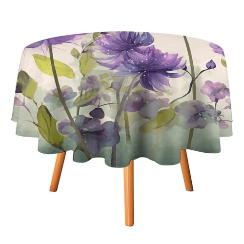 JTREHY Runde Tischdecke, Aquarell-Stil, violette Blumen, bedruckt, Polyester, waschbar, Tischdecken für den Außenbereich, für Esszimmer, Küche, Hochzeit, Partys usw von JTREHY