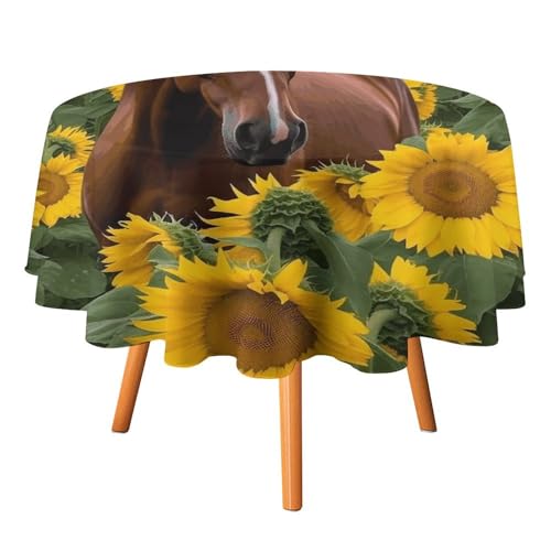 JTREHY Runde Tischdecke, Motiv Pferd und Sonnenblume, bedruckt, Polyester, waschbar, für den Außenbereich, für Esszimmer, Küche, Hochzeit, Partys usw von JTREHY