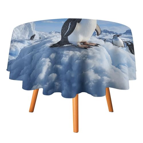 JTREHY Runde Tischdecke, Schneegebirge, Pinguin, bedruckt, Polyester, waschbar, für den Außenbereich, für Esszimmer, Küche, Hochzeit, Partys usw von JTREHY