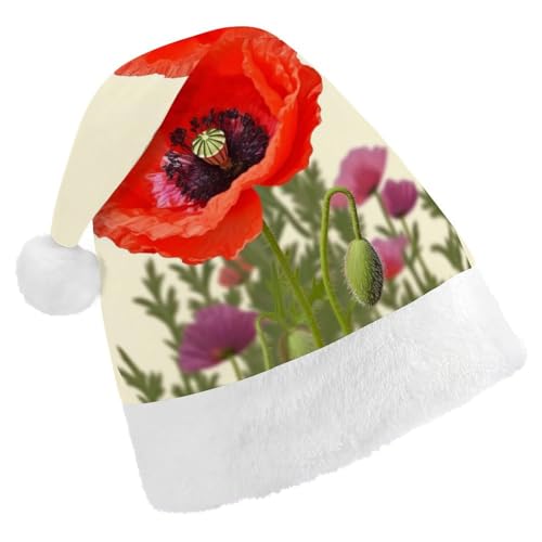 JTREHY Weihnachtsmütze, Mohnblumen-Druck, Neujahrsdekoration, Hüte, Erwachsene, Männer, Frauen, Weihnachtsmützen für Weihnachten, Neujahr, Party, Kopfbedeckung von JTREHY