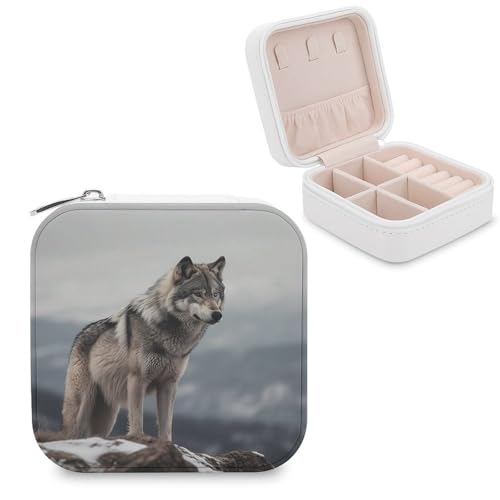 Reise-Organizer-Boxen aus PU-Leder, Motiv: Wolf auf dem Berg, bedruckt, klein, tragbar, für Organizer, Ringe, Anhänger, Ohrringe, Halsketten, Armbänder von JTREHY