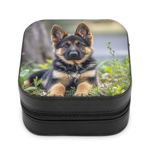 JTREWBV Kleiner Schmuck-Organizer aus Leder, schwarzer Schäferhund, Reise-Schmuckschatulle, tragbares Mini-Reiseetui für Ohrstecker, Ringe, Halsketten von JTREWBV