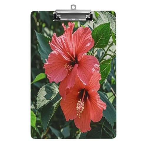 Klemmbretter im A4-Format in Briefgröße, roter Hibiskusdruck, Acryl-Klemmbrett mit niedrigem Profil-Clip für Damen und Herren von JTREWBV