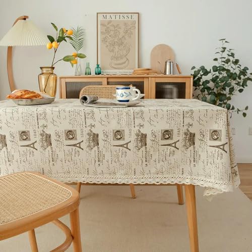 JTZYM Tischdecke aus Baumwollleinen, 60 ~ 300 cm, Beige mit blauen Gänseblümchen, Tischdecke mit Quaste, für Zuhause, Esszimmer, Textil von JTZYM