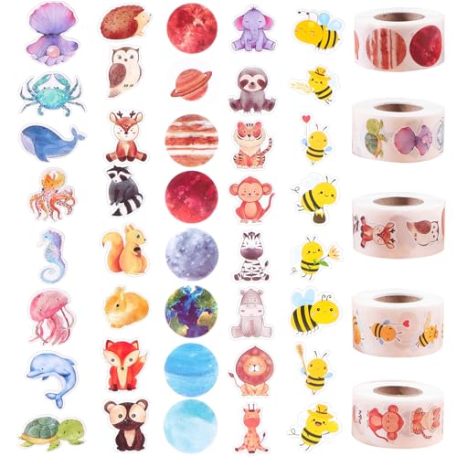 JTgugu Tier Aufkleber 500 Stück Sticker Tiere Kinder Runde Cartoon Belohnungssticker Set Tieraufkleber Tiermuster Sticker 5 Rolle 40 Muster für Kinder Schüler Freund Buchliebhaber von JTgugu