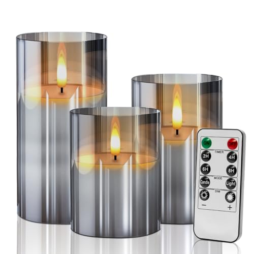 JUAUO LED Flackernden Flammenlose Kerzen, Batteriebetriebene Glass Säule Kerzen mit Fernbedienung Timer, Simulierte Elektrische Langlebig Kerzen, Größe D 3" H 4" 5" 6 (Grau, 3er-Set) von JUAUO