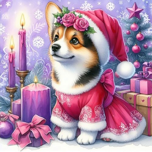 JUCHRZEY 5D-Diamantgemälde zum Selbermachen, runder Bohrer, Weihnachts-Corgi, Wanddekoration, Kunst, 40 x 40 cm von JUCHRZEY