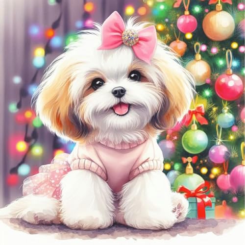 JUCHRZEY 5D-Diamantgemälde zum Selbermachen, runder Bohrer, Weihnachts-Shih-Tzu-Wandkunst, 40 x 40 cm von JUCHRZEY