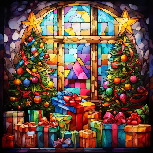 JUCHRZEY 5D-Diamantgemälde zum Selbermachen, runder Bohrer, Weihnachtsbaum, Geschenke, Kunsthandwerk, Dekor, 40 x 40 cm von JUCHRZEY