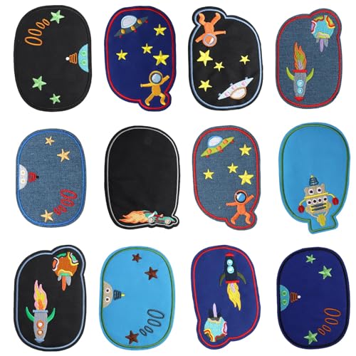 Bügelflicken, Astronauten-flicken zum aufbügeln kinder 12 Stück Patches Cartoon-Knie und Ellenbogenflicken für Jacken, Jeans Flicken, T-Shirt, Rucksäcke, Kleidung patches von JUGNAW