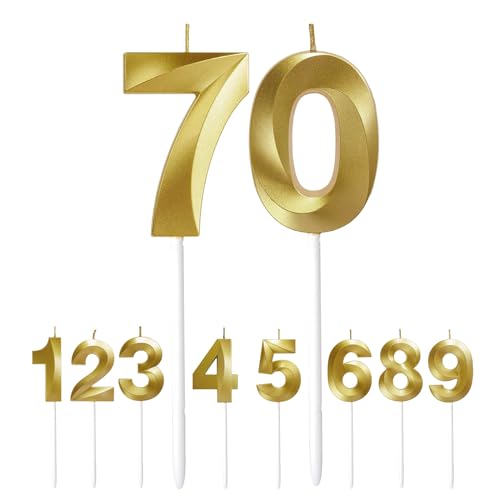 Geburtstagskerzen, 70. Geburtstag Zahl Kerzen Geburtstagskerzen Cake Topper Geburtstag Kuchendeko Kuchen Dekoration, für Hochzeit Party Hochzeit Jahrestag Feier, Gold Zahlen 0 und 7 von JUHONNZ