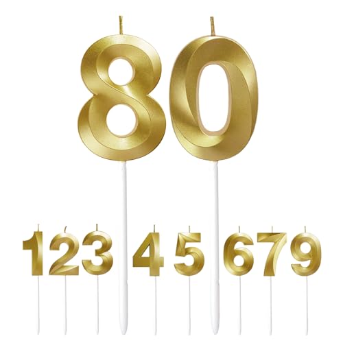 Geburtstagskerzen, 80. Geburtstag Zahl Kerzen Geburtstagskerzen Cake Topper Geburtstag Kuchendeko Kuchen Dekoration, für Hochzeit Party Hochzeit Jahrestag Feier, Gold Zahlen 0 und 8 von JUHONNZ