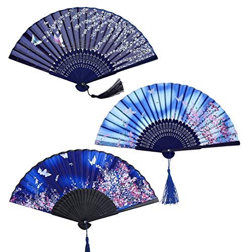 JUHONNZ Handfächer,3 PCS Fächer Hochzeit Faltfächer Bambus Fächer Bambusfächer Seiden Faltfächer mit Quaste Taschenfächer Japanische Tanzfächer für Wanddekoration Hochzeitsgeschenk von JUHONNZ