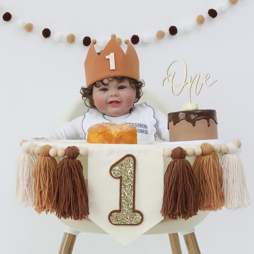 Baby First Birthday Party Decorations Brown High Chair Banner 1st Birthday Crown Cake Topper With Pom Pom Garland 1st Birthday Decor von JUIIZAY