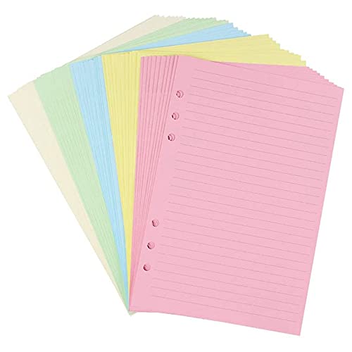 JUJNE A5-Ersatzeinlagen, bunt, 6 perforierte Löcher für Organizer, Nachfüllpapier für lose Blätter, 5 Farben, 50 Blatt von JUJNE