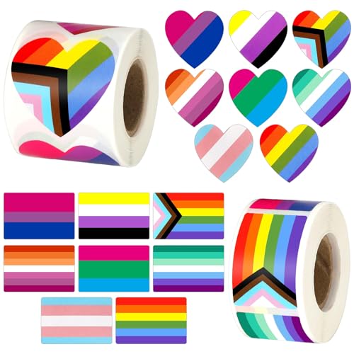 JULBEAR Regenbogen Sticker, 600 Stück Pride Sticker 8 Stile Pride Aufkleber LGBT Herzform Etiketten Rolle Regenbogenflagge Aufkleber 2 Rolle Selbstklebende Heart Sticker für Pride Parades von JULBEAR