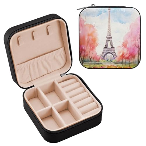 JUMBEAR Aquarell-Schmuckkästchen Paris Eiffelturm für Damen, Reise-Schmuckkästchen, Reise-Schmucketui, kleine Schmuckschatulle für Halsketten, Armbänder, Ohrringe von JUMBEAR