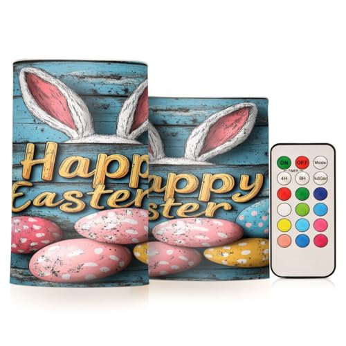 JUMBEAR Happy Easter LED-Kerzen-Set, flammenlose Kerzen, 10,2 cm, 12,7 cm, Echtwachs-Batterie-Kerzensäulen, Fernbedienung mit 18 Tasten, 24-Stunden-Timer-Funktion, 2 Stück von JUMBEAR