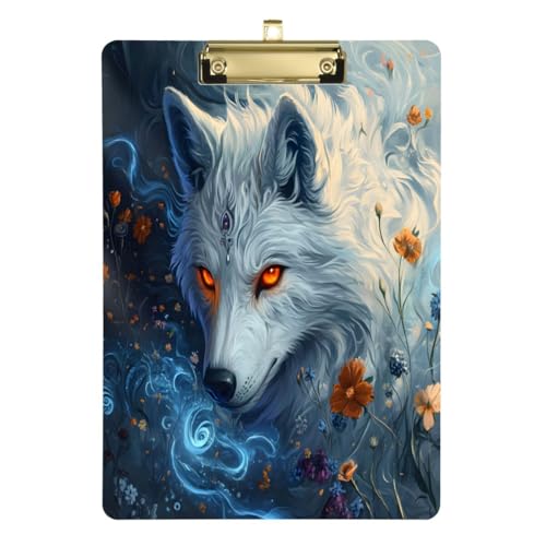 JUMBEAR Klemmbrett mit weißen Wolf mit orangefarbenen Augen, 31,8 x 22,9 cm, A4 Standardbriefgröße, hartes Klemmbrett mit Metallclip, Büro-Klemmbretter für Krankenschwestern, Studenten, Büro von JUMBEAR