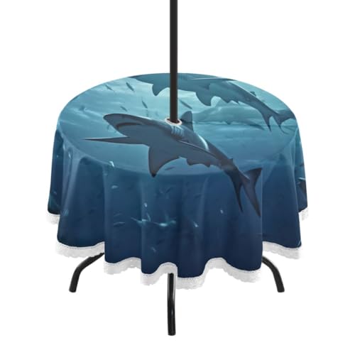 JUMBEAR Runde Tischdecke mit Tiefsee-Walen, mit Schirmloch und Reißverschluss, wasserdichte Tischdecke für drinnen und draußen, Terrasse, Gartenparty und Grillen von JUMBEAR