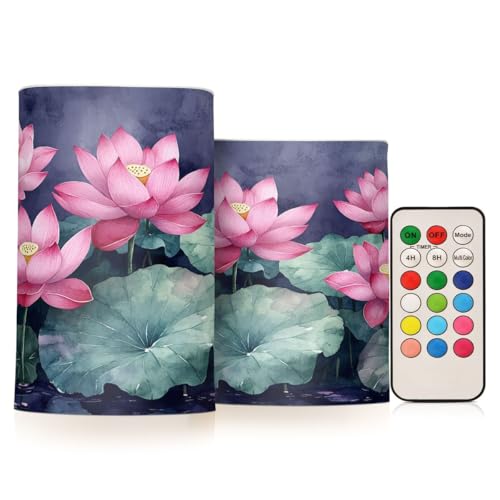 JUMBEAR Schöne Aquarell-Lotusblumen-LED-Kerzen, 2er-Set, flammenlose Kerzen, 10,2 cm, 12,7 cm, Echtwachs-Batterie-Kerzensäulen, Fernbedienung mit 18 Tasten, 24-Stunden-Timer-Funktion von JUMBEAR