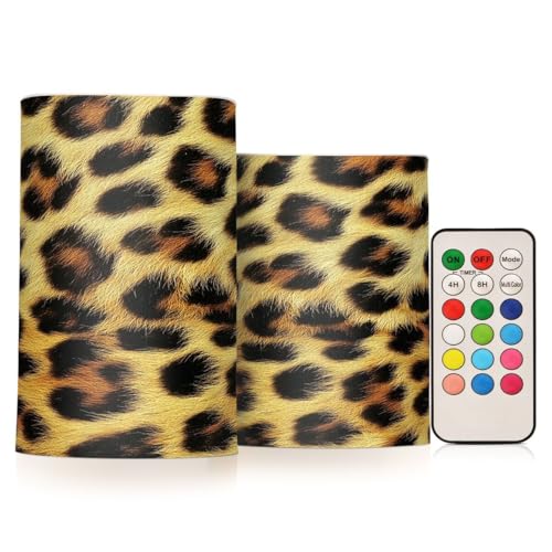 JUMBEAR Schöne LED-Kerzen mit Leopardenmuster, 2er-Set, flammenlose Kerzen, 10,2 cm, 12,7 cm, Echtwachs-Batterie-Kerzensäulen, Fernbedienung mit 18 Tasten, 24-Stunden-Timer-Funktion von JUMBEAR