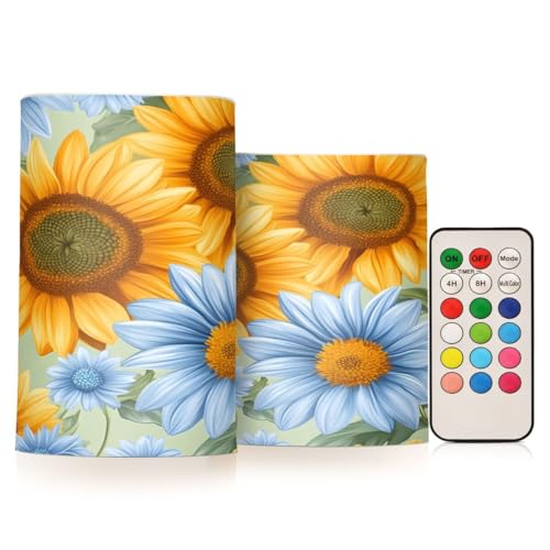 JUMBEAR Schöne Sonnenblumen-LED-Kerzen, 2er-Set, flammenlose Kerzen, 10,2 cm, 12,7 cm, Echtwachs-Batterie-Kerzensäulen, Fernbedienung mit 18 Tasten, 24-Stunden-Timer-Funktion von JUMBEAR