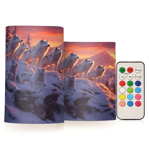 JUMBEAR Snow Mountain Wolf LED-Kerzen-Set, flammenlose Kerzen, 10,2 cm, 12,7 cm, Echtwachs-Batterie-Kerzensäulen, Fernbedienung mit 18 Tasten, 24-Stunden-Timer-Funktion, 2 Stück von JUMBEAR