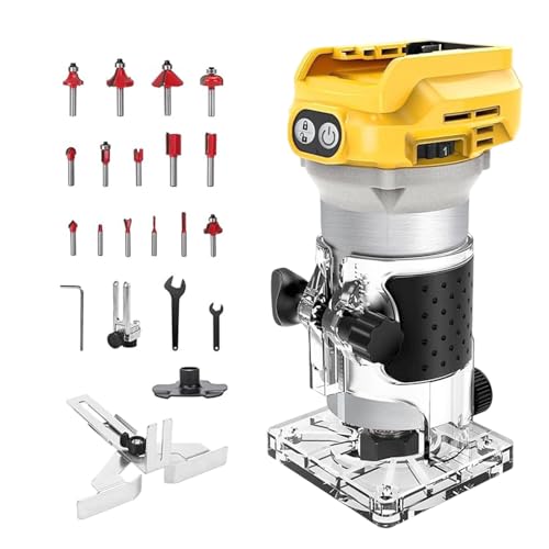 Akku Oberfräse kompatibel mit Dewalt 20V Akku, 800W Bürstenloser Kantenfräser tragbarer Handfräser für die Holzbearbeitung, mit 15 Stück 1/4" Fräser Set und 2 Schraubenschlüssel (ohne Akku) von JUMBENA