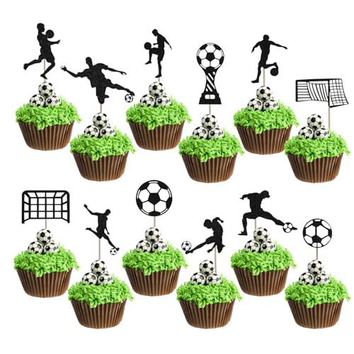 36PCS Fußball Cupcake Topper, Glitzer nicht essbare Cupcake Topper, Fußball Thema Sport Kuchen Dekorationen für Geburtstag Sport Party Baby Shower (schwarz) von JUMRHFAN