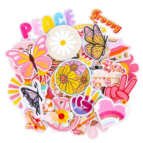 36PCS Mädchen Bügel auf Patches für Kleidung, bestickte applizierte Patches, Vintage Groovy Aufnäher zum Aufnähen, Hippie Bügel auf Reparatur Patches DIY Handwerk Zubehör für Jeans Kleid Tasche (bunt) von JUMRHFAN