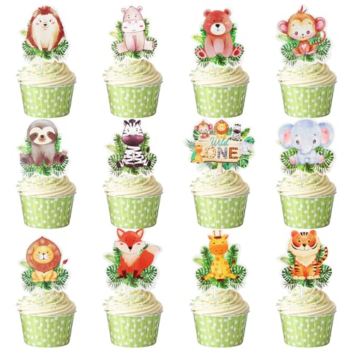 48 STÜCKE Dschungel Safari Tiere Cupcake Topper, JUMRHFAN Wald Thema Baby Shower Dekorationen, Wild One Cake Toppers Cupcake Picks, Safari Party Wald Baby Shower Dekorationen von JUMRHFAN